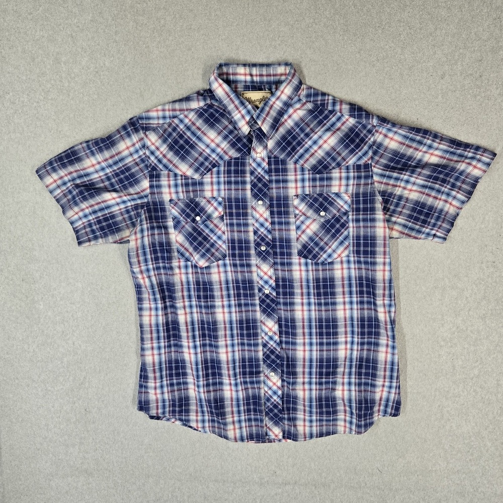 Wrangler Men Button Up Shirt XL Blue Shirt Plaid Western Shirt Snap